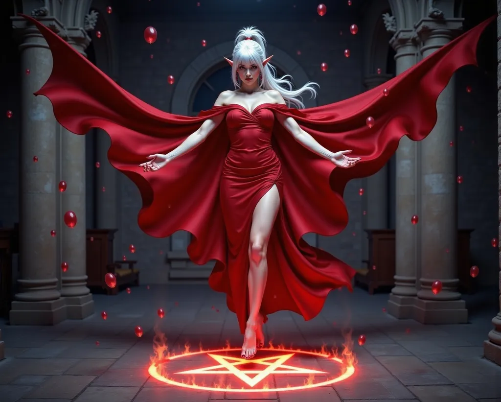 Prompt: Lady Rev, with white hair styled loosely in a ponytail, red eyes, and pointed ears, in off-the-shoulder crimson gown that extends to form crimson silk dragon wings, sharp red nails, bare feet, is hovering above the ground, casting a blood magic spell. There is a glowing red pentagram carved into the ground, and blood red orbs orbiting around her. Intense expression. Gothic stone castle chamber. Stone floor. Gloomy lighting. Centered.