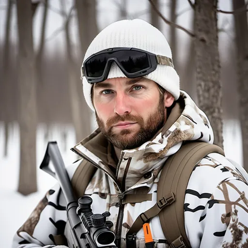 Prompt: 30 year old man in snow camo, light whiskers, hunting rifle