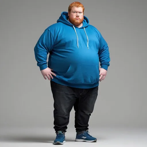 Prompt: Create full body image of a man named caseoh who is EXTREMELY fat and ginger. No muscle whatsoever. He wears a blue hoodie and he has a ginger goatee. Hes so fat he is classified as a planet he wears black headphones. Hes so fat His belly size to his head size is 100 to 1, 1 being his head and 100 being his belly Hes so fat his belly fat droops down to the ground and his 100 xl blue hoodie fits him like a croptop his cheeks are chubby and he is constantly eating food. He is the fattest man is the multiverse
