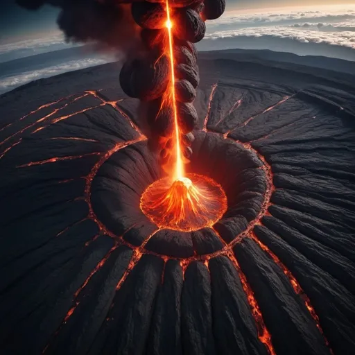 Prompt: A drone shot of the earth billions of years ago no life just lava astroids bombarding the earth 