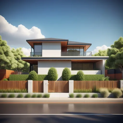 Prompt: (digital rendering) modern house, (contemporary design), detailed fence, lush trees in front, located on a bustling street corner, a sleek car passing by, realistic shadows, crisp lines, soft sunlight illuminating the scene, specially dedicated ambiance, (Anson Maddocks inspired), balanced composition, (high-quality vray), vibrant colors, ultra-detailed textures.