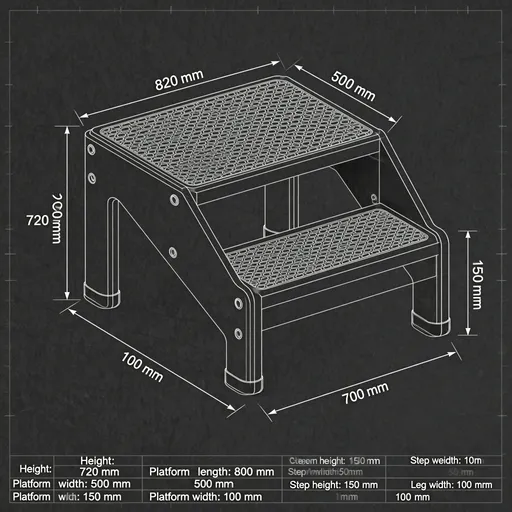 Prompt: A detailed blueprint of a betside step for dogs the bed is 720 mm high it sould work for a smaal dog put compleate sizes and dimansions in