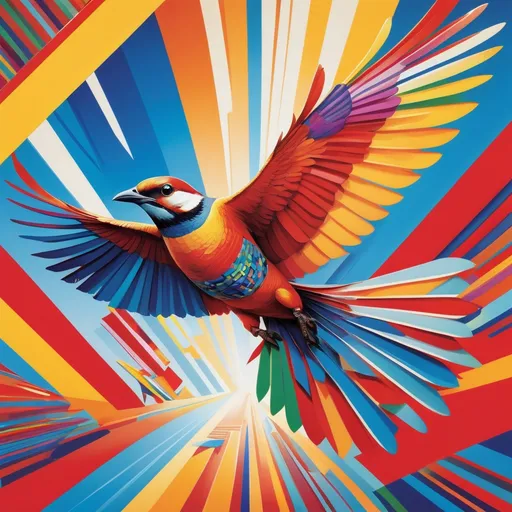 Prompt: A breathtaking realist and detailed illustration of a vibrant bird soaring high against a captivating pop art backdrop filled with bold primary colors and dynamic geometric patterns. --ar 16:9 --v 5.2