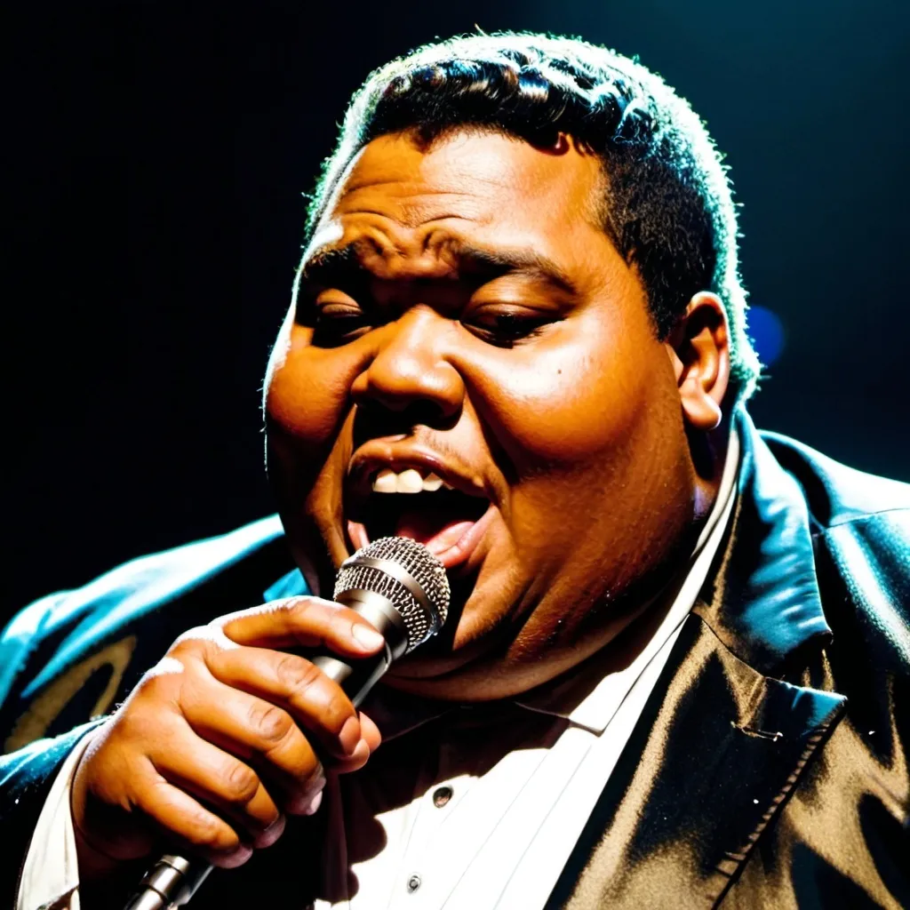 Prompt: A bucktoothed morbidly obese male Motown singer that is singing into a microphone. 