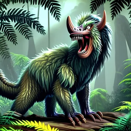 Prompt: Prehistoric animal with fang and a wild coat of fur on its back. The animal also has a long tail and a pair of claws. 
The animal is also in a forest full tall trees and ferns.
The animal has a short snout and also has two legs and two arms.