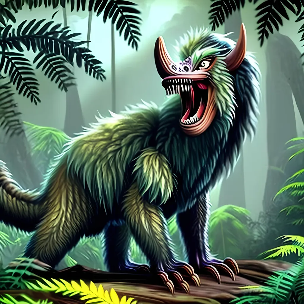 Prompt: Prehistoric animal with fang and a wild coat of fur on its back. The animal also has a long tail and a pair of claws. 
The animal is also in a forest full tall trees and ferns.
The animal has a short snout and also has two legs and two arms.