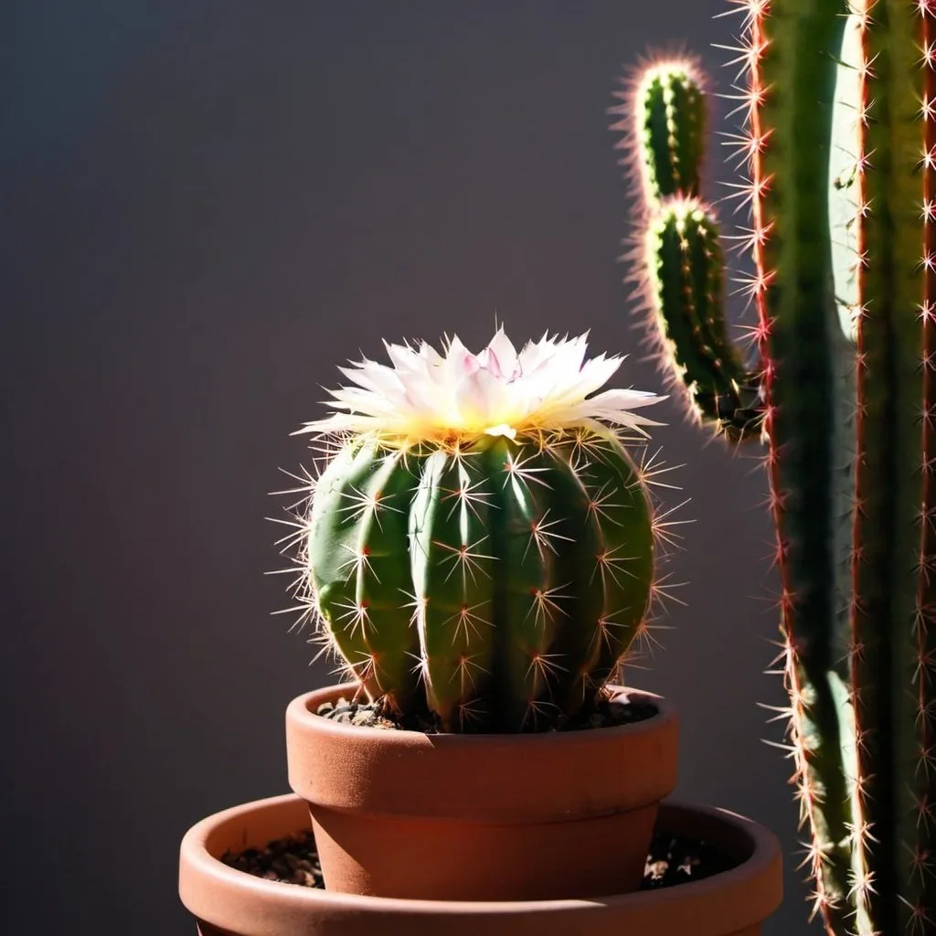 Prompt: cactus in a flower pot with the light coming from the left
