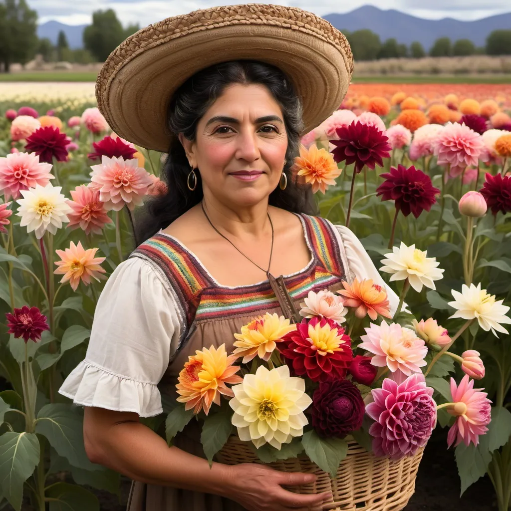 Prompt: create a middle aged mexican woman holding a basket of dahlias. surrounding the woman provide a field of flowers, tulips, roses, and other flowers of latin america