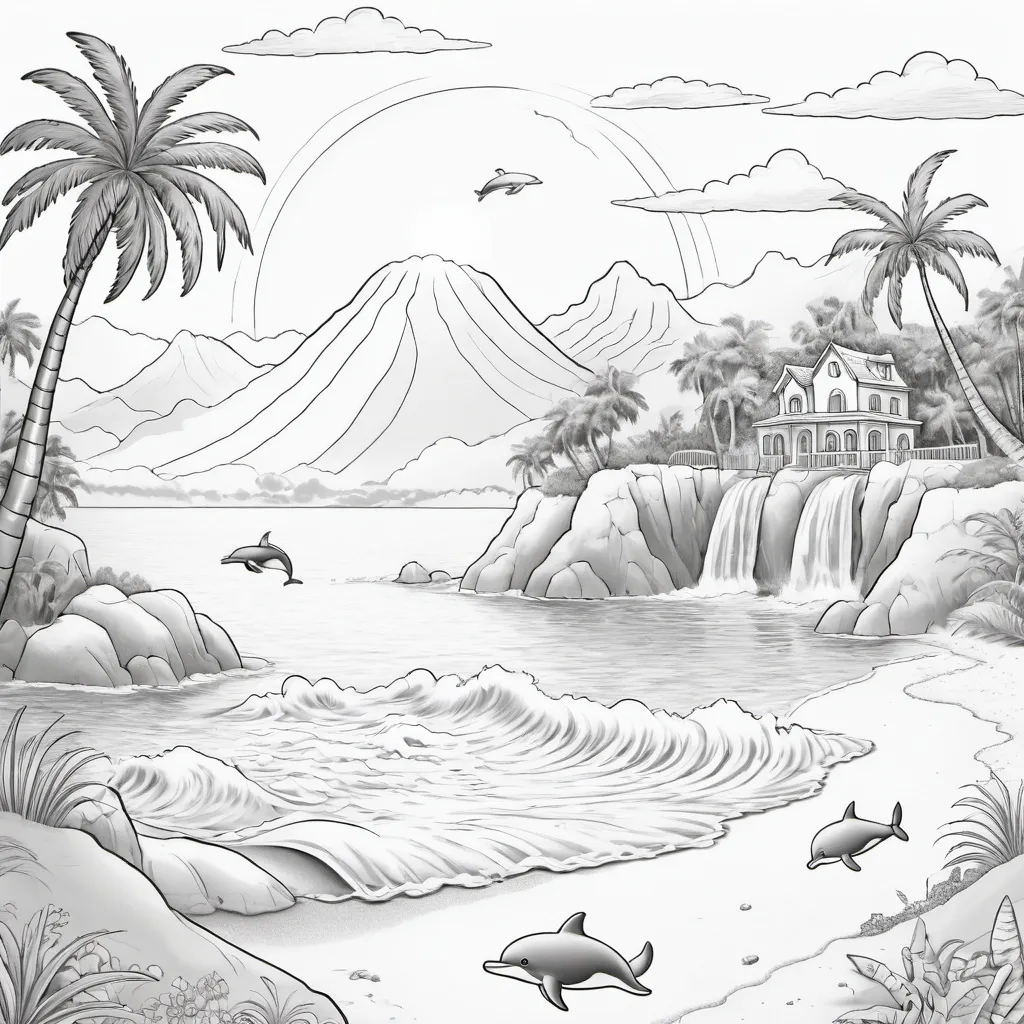 Prompt: A children's coloring page in grayscale. The scene depicts a lively island setting, suitable for children aged 6 to 12. There's a sandy beach with unique seashells and a lush palm tree. The sea has playful dolphins jumping out of the waves and a treasure chest half buried in the sand. In the distance looms a picturesque mountain with a waterfall flowing into a river. The sky is dotted with fluffy clouds and a huge, smiling sun. Remember, every element should be outlined, with ample space left for coloring in, catered for young children's fine motor skills