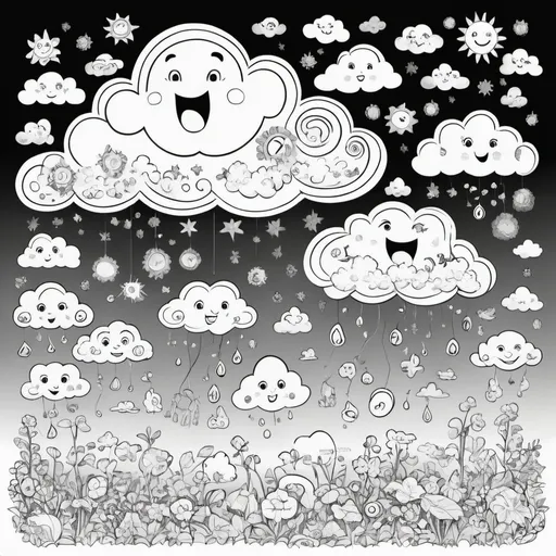 Prompt: A high-resolution, printable, digitally designed coloring page formatted to invoke a sense of innocence and wonder perfect for children. The page presents whimsically illustrated clouds with expressive faces portraying the cycle of life. These elements are tailored to encourage an exploration of emotions and let one's creativity soar, with the intent of bringing joy and uplift while subtly hinting at the eternal nature of existence. Suitable for both printing and online sharing.