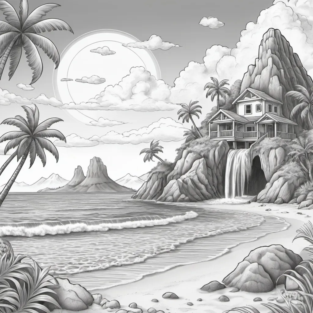 Prompt: A  coloring page in grayscale. The scene depicts a lively island setting, suitable for children aged 6 to 12. There's a sandy beach with unique seashells and a lush palm tree. The sea has surfers of the waves and a treasure chest half buried in the sand. In the distance looms a picturesque mountain with a waterfall flowing into a river. The sky is dotted with fluffy clouds and a huge, smiling sun. Remember, every element should be outlined, with ample space left for coloring in, catered for young children's fine motor skills