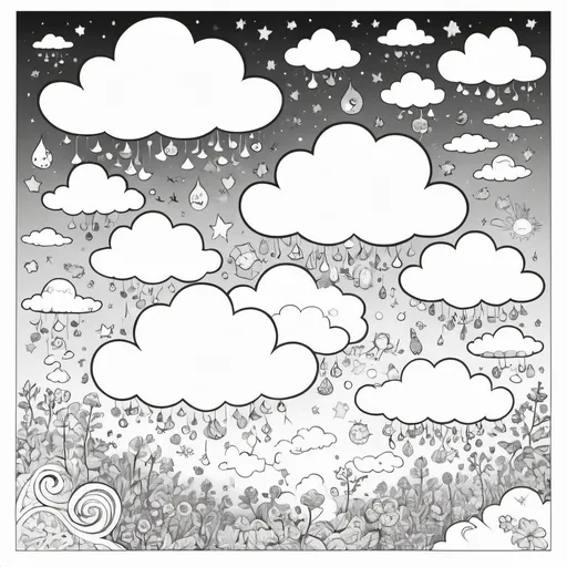 Prompt: A high-resolution, printable, digitally designed coloring page formatted to invoke a sense of innocence and wonder perfect for children. The page presents whimsically illustrated clouds with expressive faces portraying the cycle of life. These elements are tailored to encourage an exploration of emotions and let one's creativity soar, with the intent of bringing joy and uplift while subtly hinting at the eternal nature of existence. Suitable for both printing and online sharing.