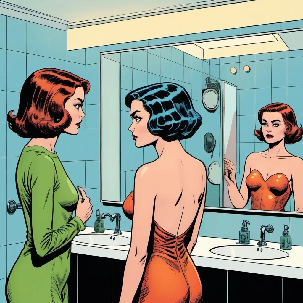 Prompt: make a background of post modern century bathroom comic book style with woman looking in mirror and a alien looking back
