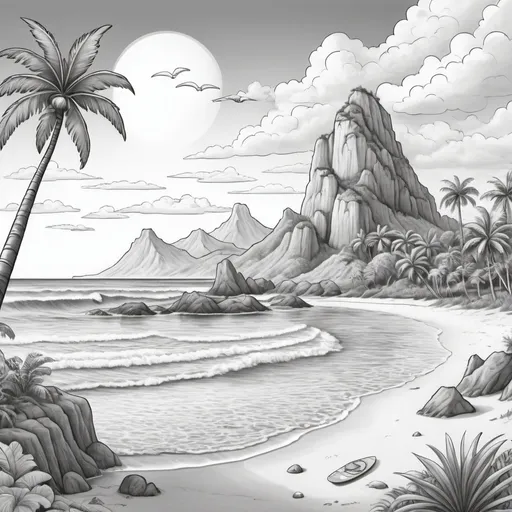 Prompt: A  coloring page in grayscale. The scene depicts a lively island setting, suitable for children aged 6 to 12. There's a sandy beach with unique seashells and a lush palm tree. The sea has surfers of the waves and a treasure chest half buried in the sand. In the distance looms a picturesque mountain with a waterfall flowing into a river. The sky is dotted with fluffy clouds and a huge, smiling sun. Remember, every element should be outlined, with ample space left for coloring in, catered for young children's fine motor skills