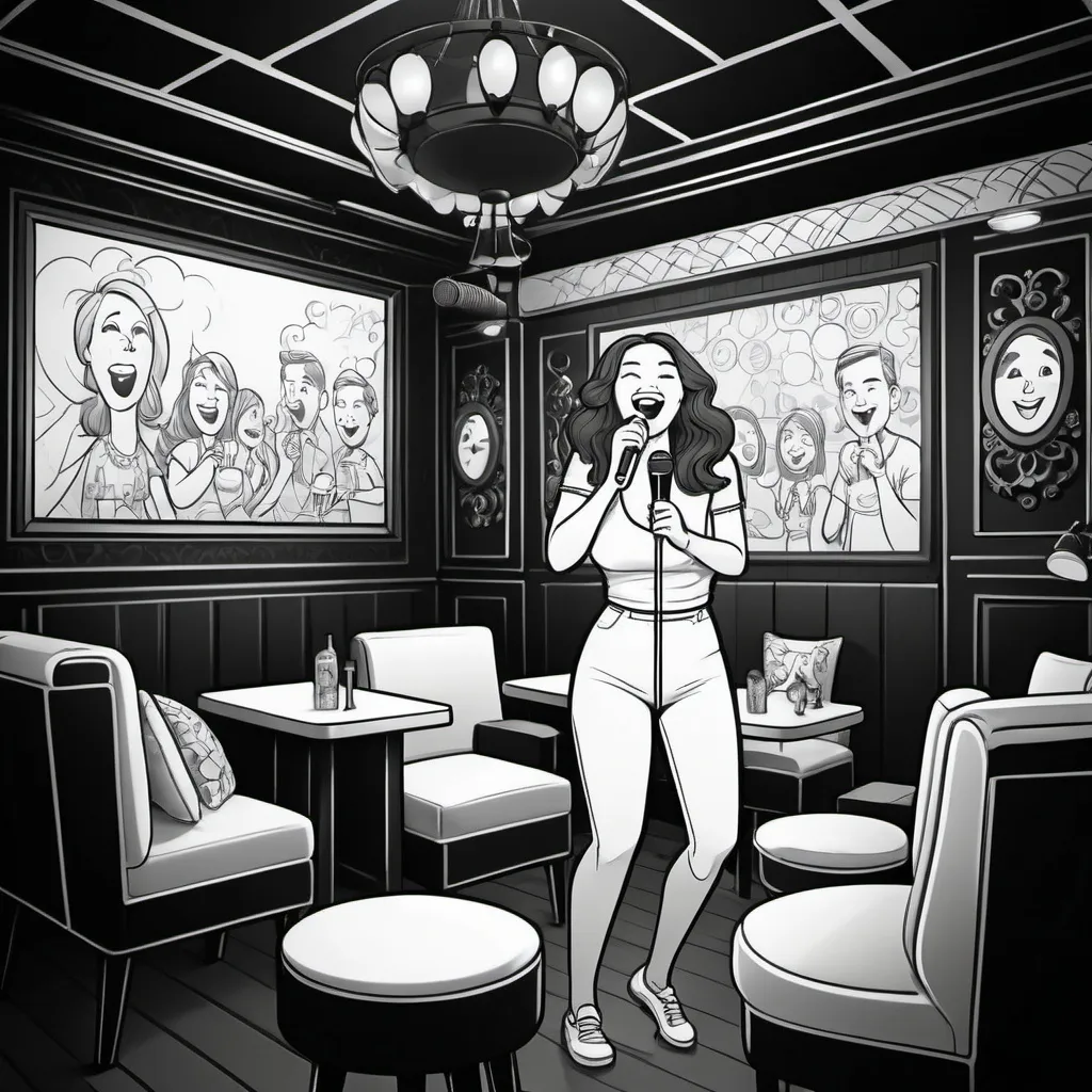 Prompt: black and white, (cartoon style), lively karaoke lounge, suitable for adults, bigger lady singing, outlined elements, ample space for coloring, suitable for young children, engaging, playful ambiance, fun expressions, intricate details to outline, dark color scheme for contrast, family-friendly atmosphere, (high-quality line art)