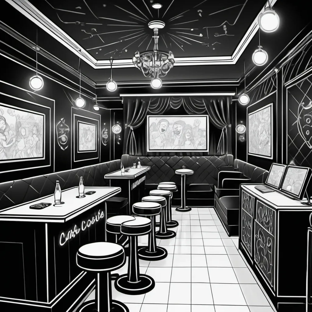 Prompt: black and white, (cartoon style), lively karaoke lounge, suitable for adults, bigger lady singing, outlined elements, ample space for coloring, suitable for young children, engaging, playful ambiance, fun expressions, intricate details to outline, dark color scheme for contrast, family-friendly atmosphere, (high-quality line art)