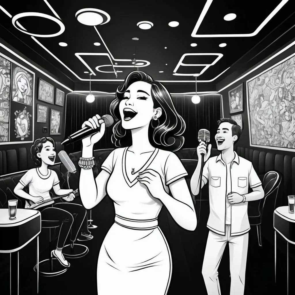 Prompt: black and white, (cartoon style), lively karaoke lounge, suitable for adults, bigger lady singing, outlined elements, ample space for coloring, suitable for young children, engaging, playful ambiance, fun expressions, intricate details to outline, dark color scheme for contrast, family-friendly atmosphere, (high-quality line art)