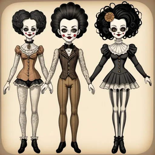 Prompt: a paper doll, creepy, jointed,  clownish, unique, larger head, funky hair, clothing, steampunk, retro, comic, male, female, interchangable legs, arms, clothing