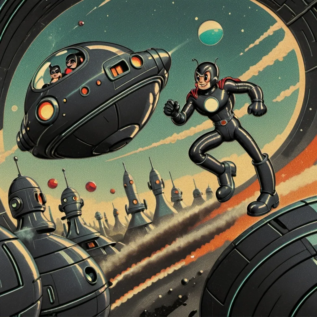 Prompt: (futuristic-retro futurism style), dark color scheme, (superhero themes), space age elements, vintage aesthetics, post-modern flair, comic book influence, intricate and stylish futuristic design, dynamic compositions, engaging action scenes, evocative atmosphere, high-quality, ultra-detailed.