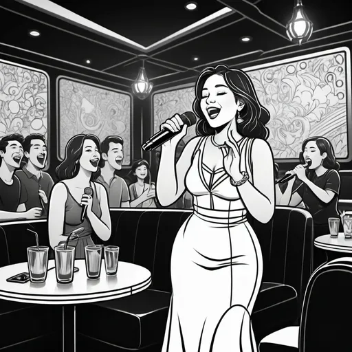 Prompt: black and white, (cartoon style), lively karaoke lounge, suitable for adults, bigger lady singing, outlined elements, ample space for coloring, suitable for young children, engaging, playful ambiance, fun expressions, intricate details to outline, dark color scheme for contrast, family-friendly atmosphere, (high-quality line art)