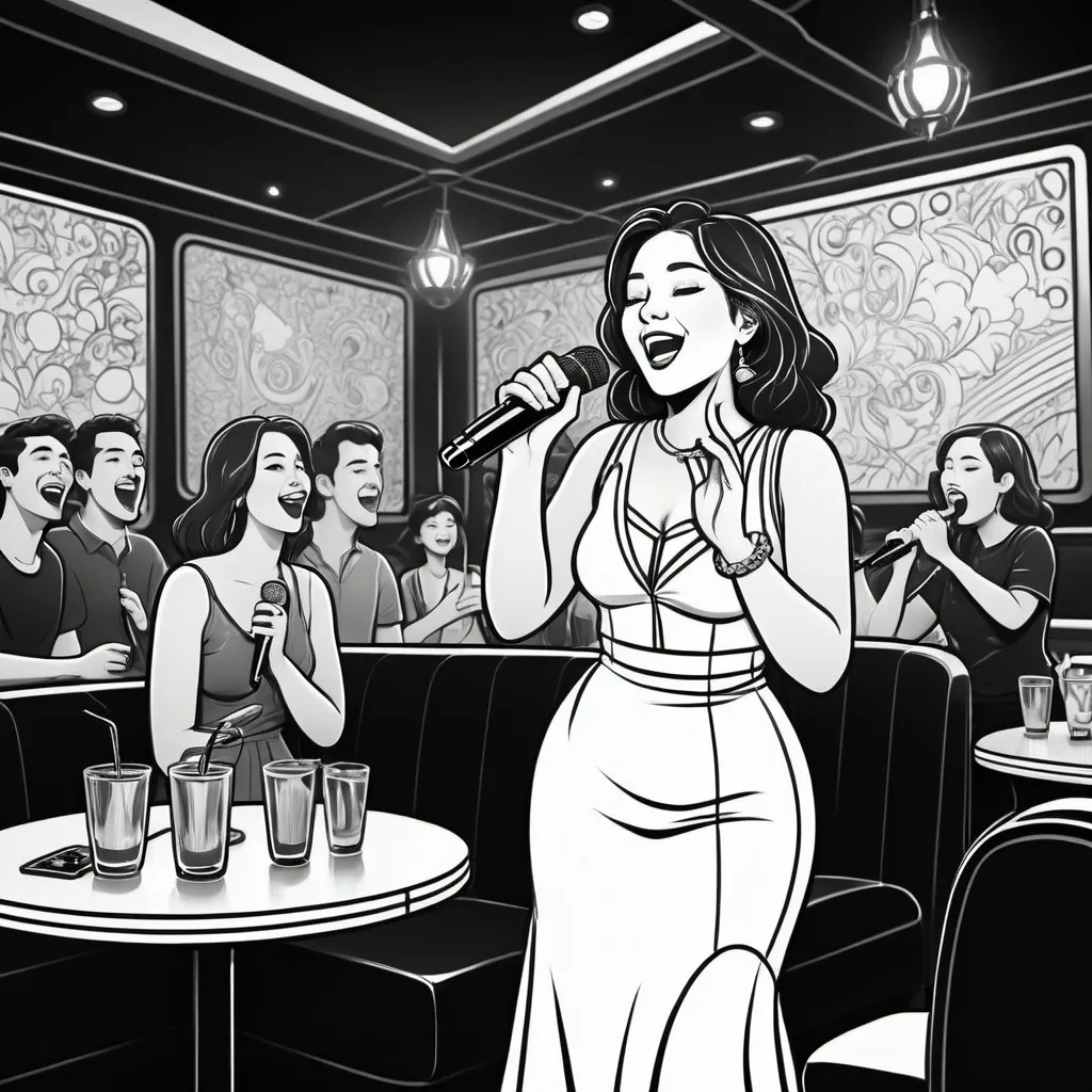 Prompt: black and white, (cartoon style), lively karaoke lounge, suitable for adults, bigger lady singing, outlined elements, ample space for coloring, suitable for young children, engaging, playful ambiance, fun expressions, intricate details to outline, dark color scheme for contrast, family-friendly atmosphere, (high-quality line art)