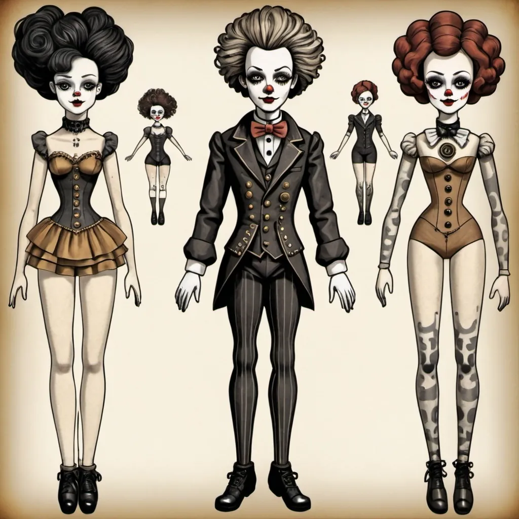 Prompt: a paper doll, creepy, jointed,  clownish, unique, larger head, funky hair, clothing, steampunk, retro, comic, male, female, interchangable legs, arms, clothing