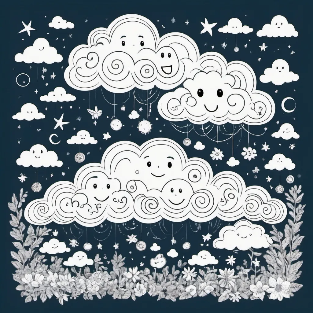 Prompt: A high-resolution, printable, digitally designed coloring page formatted to invoke a sense of innocence and wonder perfect for children. The page presents whimsically illustrated clouds with expressive faces portraying the cycle of life. These elements are tailored to encourage an exploration of emotions and let one's creativity soar, with the intent of bringing joy and uplift while subtly hinting at the eternal nature of existence. Suitable for both printing and online sharing.