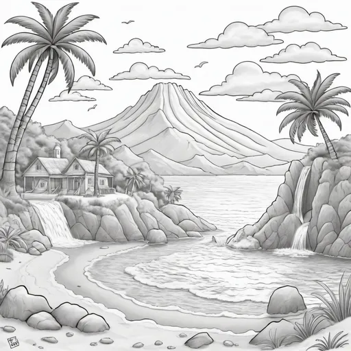 Prompt: A children's coloring page in grayscale. The scene depicts a lively island setting, suitable for children aged 6 to 12. There's a sandy beach with unique seashells and a lush palm tree. The sea has playful dolphins jumping out of the waves and a treasure chest half buried in the sand. In the distance looms a picturesque mountain with a waterfall flowing into a river. The sky is dotted with fluffy clouds and a huge, smiling sun. Remember, every element should be outlined, with ample space left for coloring in, catered for young children's fine motor skills