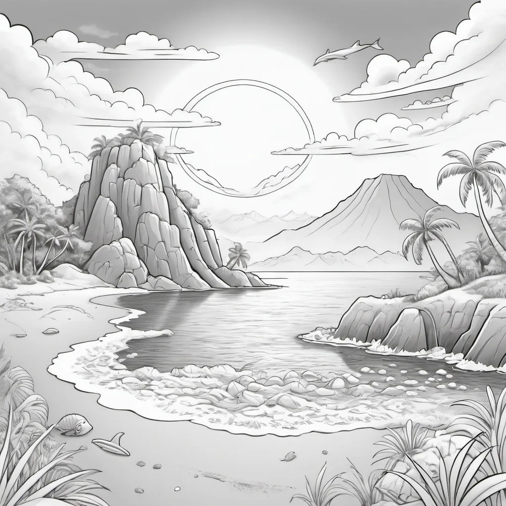 Prompt: A children's coloring page in grayscale. The scene depicts a lively island setting, suitable for children aged 6 to 12. There's a sandy beach with unique seashells and a lush palm tree. The sea has playful dolphins jumping out of the waves and a treasure chest half buried in the sand. In the distance looms a picturesque mountain with a waterfall flowing into a river. The sky is dotted with fluffy clouds and a huge, smiling sun. Remember, every element should be outlined, with ample space left for coloring in, catered for young children's fine motor skills