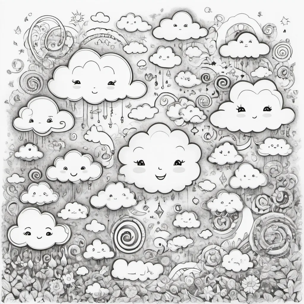 Prompt: A high-resolution, printable, digitally designed coloring page formatted to invoke a sense of innocence and wonder perfect for children. The page presents whimsically illustrated clouds with expressive faces portraying the cycle of life. These elements are tailored to encourage an exploration of emotions and let one's creativity soar, with the intent of bringing joy and uplift while subtly hinting at the eternal nature of existence. Suitable for both printing and online sharing.