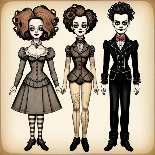 Prompt: a paper doll, creepy, jointed,  clownish, unique, larger head, funky hair, clothing, steampunk, retro, comic, male, female