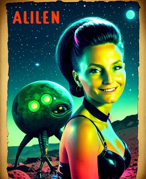 Prompt: pinup alien girl on alien planet, science-fiction, pulp style