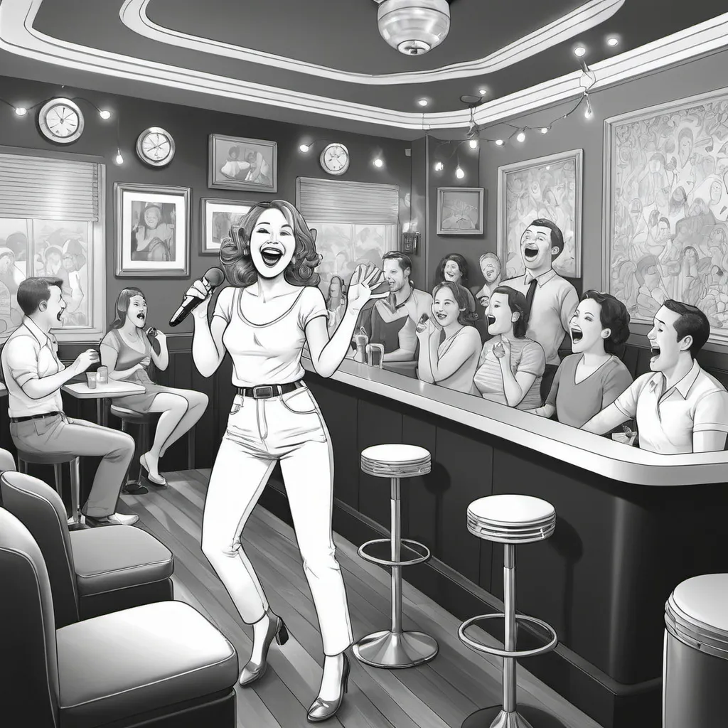 Prompt:  grayscale. The scene depicts a lively karoke lounge, suitable for adults. There's a bigger lady singing. Remember, every element should be outlined, with ample space left for coloring in, catered for young children's fine motor skills