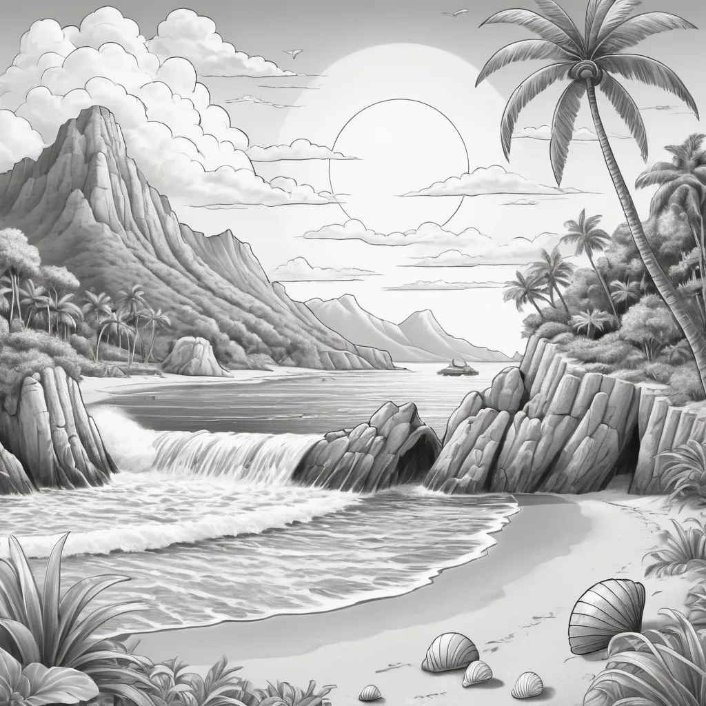 Prompt: A  coloring page in grayscale. The scene depicts a lively island setting, suitable for children aged 6 to 12. There's a sandy beach with unique seashells and a lush palm tree. The sea has surfers of the waves and a treasure chest half buried in the sand. In the distance looms a picturesque mountain with a waterfall flowing into a river. The sky is dotted with fluffy clouds and a huge, smiling sun. Remember, every element should be outlined, with ample space left for coloring in, catered for young children's fine motor skills