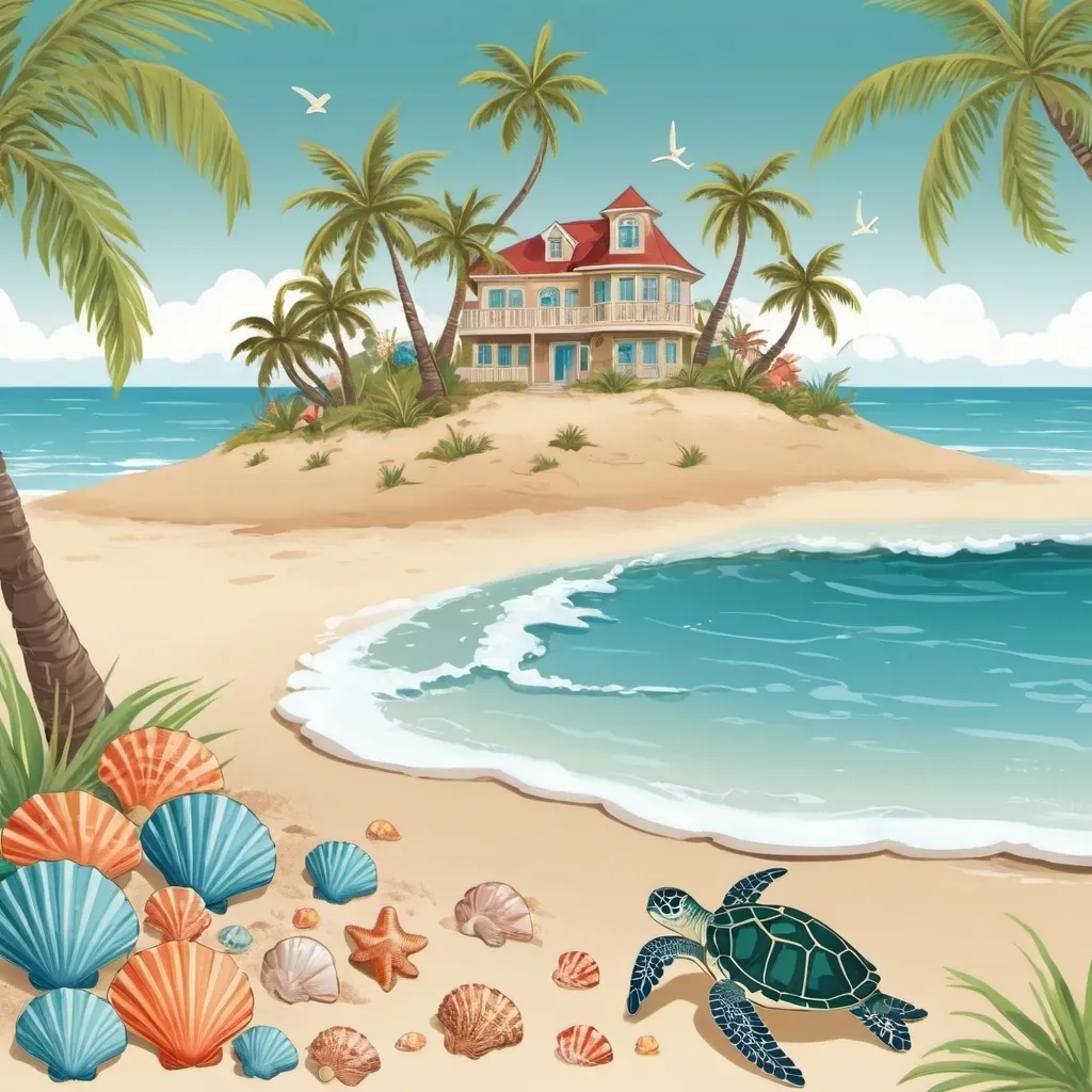 Prompt:  The scene depicts a lively island setting. There's a sandy beach with unique seashells and a lush palm tree. the sea has beautiful sea turtles.  Remember, every element should be outlined.  Make it whimsical.  retro modern