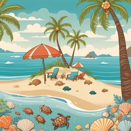 Prompt:  The scene depicts a lively island setting. There's a sandy beach with unique seashells and a lush palm tree. the sea has beautiful sea turtles.  Remember, every element should be outlined.  Make it whimsical.  retro modern