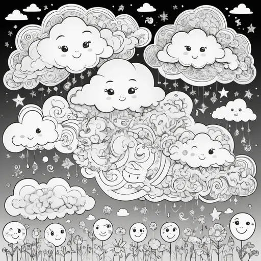 Prompt: A high-resolution, printable, digitally designed coloring page formatted to invoke a sense of innocence and wonder perfect for children. The page presents whimsically illustrated clouds with expressive faces portraying the cycle of life. These elements are tailored to encourage an exploration of emotions and let one's creativity soar, with the intent of bringing joy and uplift while subtly hinting at the eternal nature of existence. Suitable for both printing and online sharing.