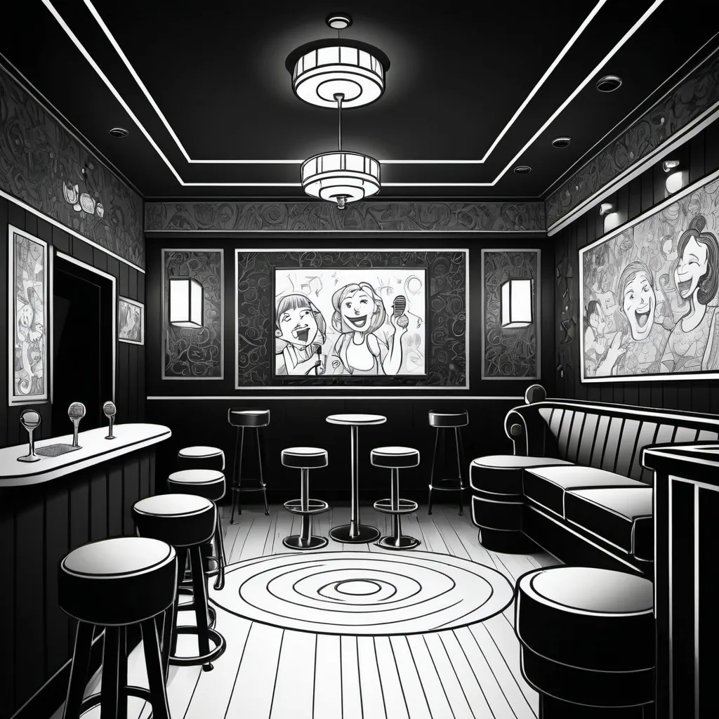 Prompt: black and white, (cartoon style), lively karaoke lounge, suitable for adults, bigger lady singing, outlined elements, ample space for coloring, suitable for young children, engaging, playful ambiance, fun expressions, intricate details to outline, dark color scheme for contrast, family-friendly atmosphere, (high-quality line art)