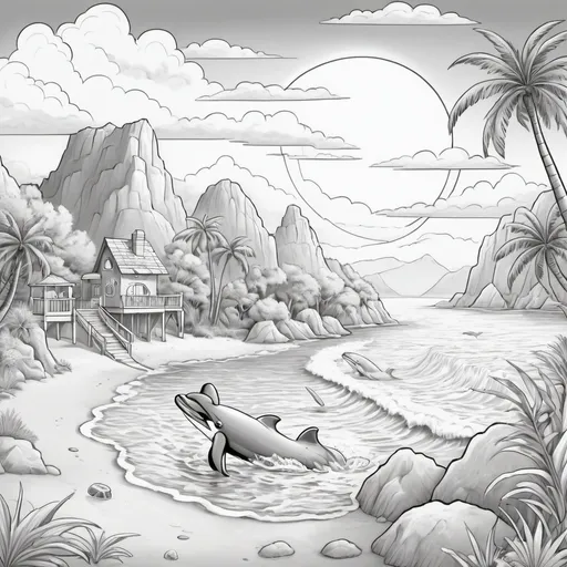 Prompt: A children's coloring page in grayscale. The scene depicts a lively island setting, suitable for children aged 6 to 12. There's a sandy beach with unique seashells and a lush palm tree. The sea has playful dolphins jumping out of the waves and a treasure chest half buried in the sand. In the distance looms a picturesque mountain with a waterfall flowing into a river. The sky is dotted with fluffy clouds and a huge, smiling sun. Remember, every element should be outlined, with ample space left for coloring in, catered for young children's fine motor skills