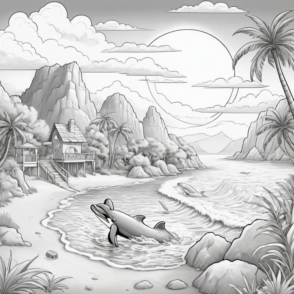 Prompt: A children's coloring page in grayscale. The scene depicts a lively island setting, suitable for children aged 6 to 12. There's a sandy beach with unique seashells and a lush palm tree. The sea has playful dolphins jumping out of the waves and a treasure chest half buried in the sand. In the distance looms a picturesque mountain with a waterfall flowing into a river. The sky is dotted with fluffy clouds and a huge, smiling sun. Remember, every element should be outlined, with ample space left for coloring in, catered for young children's fine motor skills