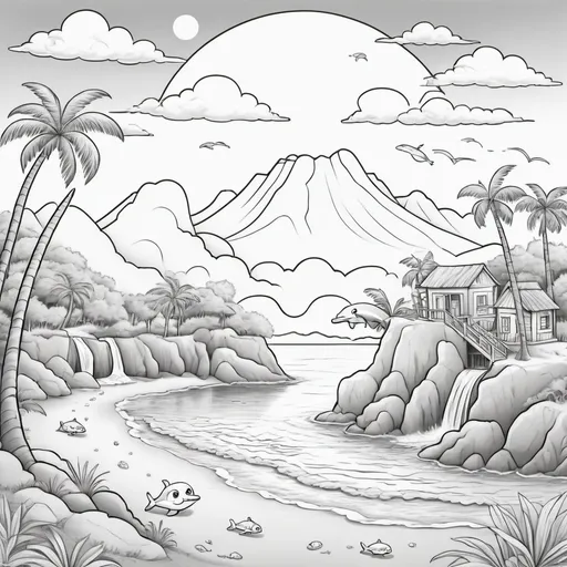 Prompt: A children's coloring page in grayscale. The scene depicts a lively island setting, suitable for children aged 6 to 12. There's a sandy beach with unique seashells and a lush palm tree. The sea has playful dolphins jumping out of the waves and a treasure chest half buried in the sand. In the distance looms a picturesque mountain with a waterfall flowing into a river. The sky is dotted with fluffy clouds and a huge, smiling sun. Remember, every element should be outlined, with ample space left for coloring in, catered for young children's fine motor skills