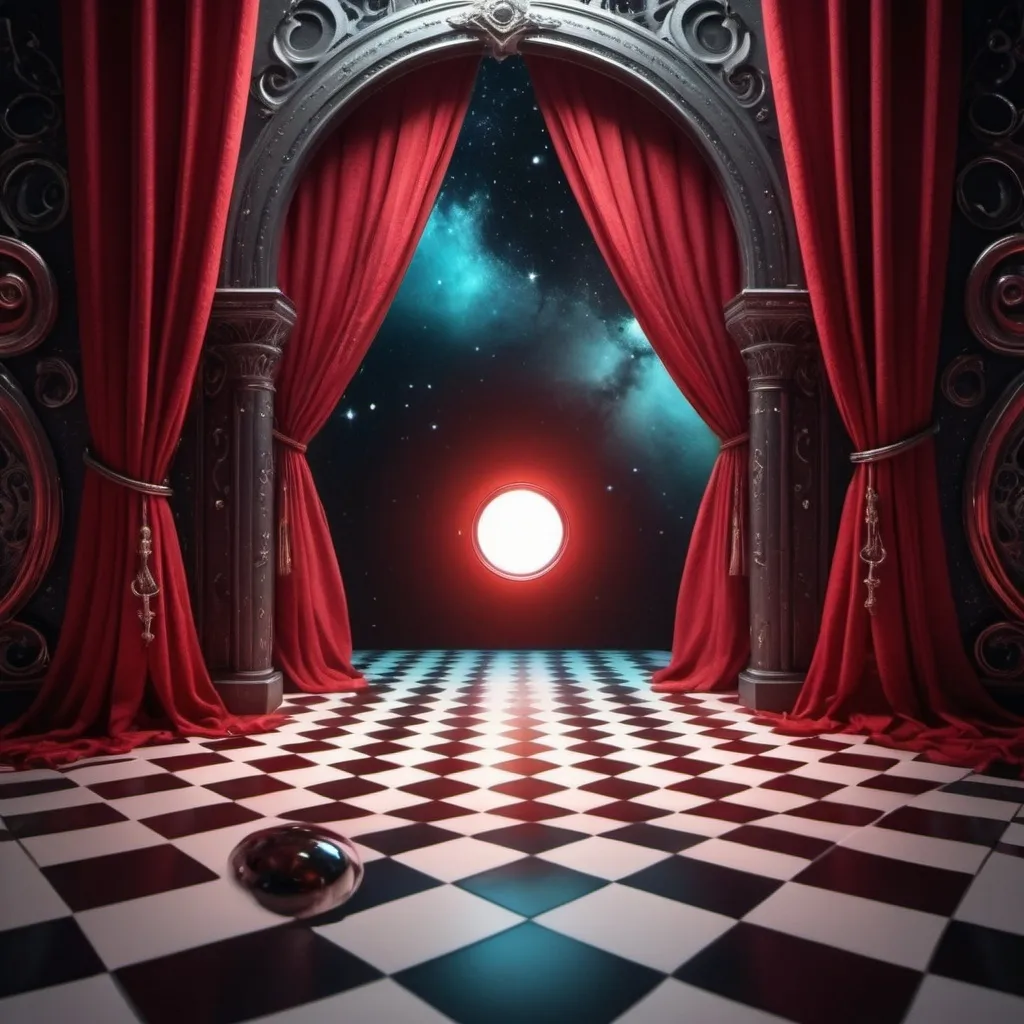 Prompt: whimisical stage with red cuttains, black and white checkered floor. in the center a giant key hole that enters into space land