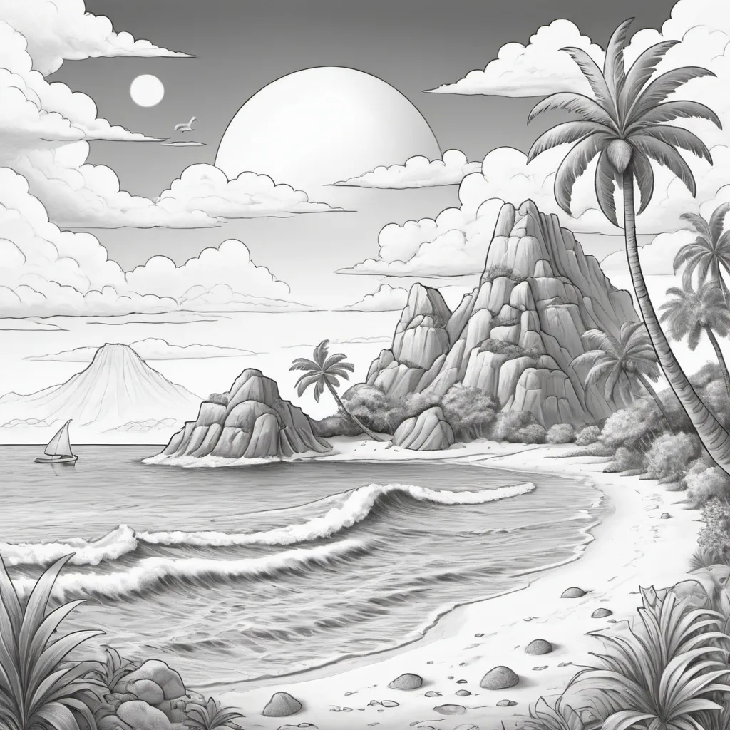 Prompt: A  coloring page in grayscale. The scene depicts a lively island setting, suitable for children aged 6 to 12. There's a sandy beach with unique seashells and a lush palm tree. The sea has surfers of the waves and a treasure chest half buried in the sand. In the distance looms a picturesque mountain with a waterfall flowing into a river. The sky is dotted with fluffy clouds and a huge, smiling sun. Remember, every element should be outlined, with ample space left for coloring in, catered for young children's fine motor skills