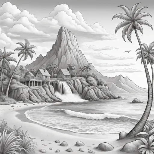 Prompt: A  coloring page in grayscale. The scene depicts a lively island setting, suitable for children aged 6 to 12. There's a sandy beach with unique seashells and a lush palm tree. The sea has surfers of the waves and a treasure chest half buried in the sand. In the distance looms a picturesque mountain with a waterfall flowing into a river. The sky is dotted with fluffy clouds and a huge, smiling sun. Remember, every element should be outlined, with ample space left for coloring in, catered for young children's fine motor skills