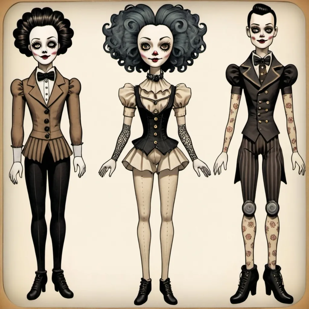 Prompt: a paper doll, creepy, jointed,  clownish, unique, larger head, funky hair, clothing, steampunk, retro, comic, male, female, interchangable legs, arms, clothing