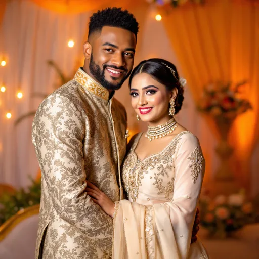 Prompt: Bathed in warm, soft lighting, a couple stands closely together, exuding joy and affection in a beautifully decorated setting. The backdrop features a mix of vibrant orange and gentle white drapery, creating a festive atmosphere, likely for a celebration or special occasion. The man, dressed in an intricately patterned traditional outfit, showcases a confident smile while gently wrapping his arms around the woman, who wears a stunning cream-colored dress adorned with elegant embroidery and delicate embellishments. Her soft expression and traditional jewelry add a touch of grace to the scene, capturing a moment of intimacy and happiness between the two. The overall composition radiates warmth and love, inviting viewers to share in their joyous occasion.