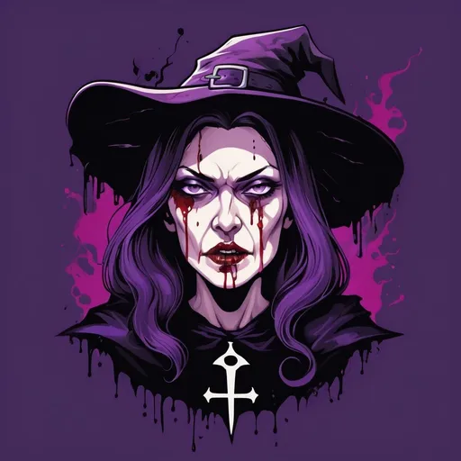 Prompt: Create a bold, gothic-style logo for a brand called 'witchcraft'. It should have sharp, edgy elements and an old witch with half of the face melted with blood and high contrast on purple colors