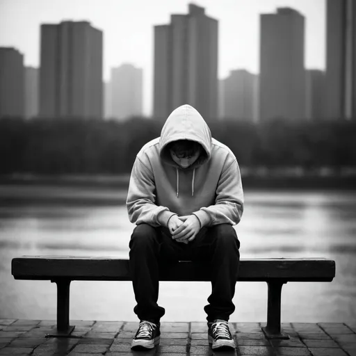 Prompt: I want an image of a guy sitting on a bench. As a young guy he is sitting on the upper part of the bench, with his feets where you are supposed to sit. He is seen from the side and is wearing a hoodie, cap on, leaning forward with his head in his hands. the scene is sad and reflects loneliness, all in a gloomy black and white. In the back, we can se a place in a big City. Empty. I want the camara to be placed with a bit of height so we can see the space in front of him. I want the tip of his head to noreach more than 50% of the upper part of the image.
Meanwhile, and to contrast, we can see happy people passing  by while he is alone.