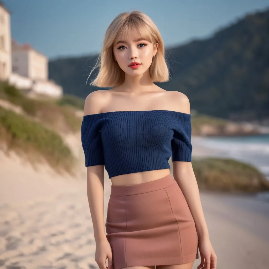 Prompt: very cute girl european girl,hyper-realistic photo , Lithe body,  Flat Chest,  Broad Chin,  Dark blue Monolid Eye Shape,  Gently rounded square face,  Flirty facial expression,  Knit skirt, off-the-shoulder top,  Delicate, airy bangs,  Flat Lips,  Rose,  Lip Gloss,  Daffodil Blonde,  Crooked Nose,  Mahogany, flat belly, walking on the beach