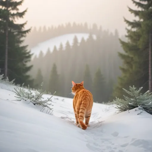 Prompt: a lovely orange cat walking through a snowy hill on a hazy afternoon walking towards a forest of pine trees in the hazy distance